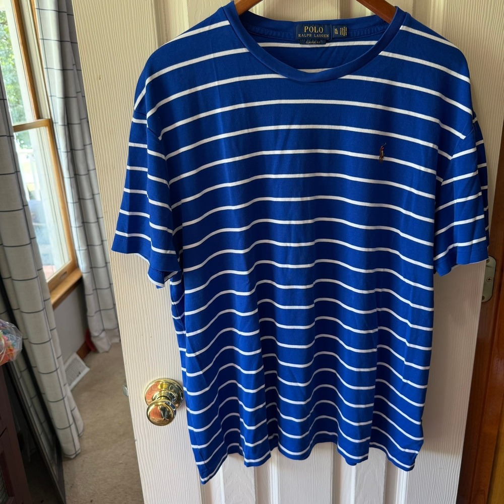 Polo Ralph Lauren Shirt Mens XL Blue White Striped Crew Neck Short Sleeve Tee - Picture 11 of 12